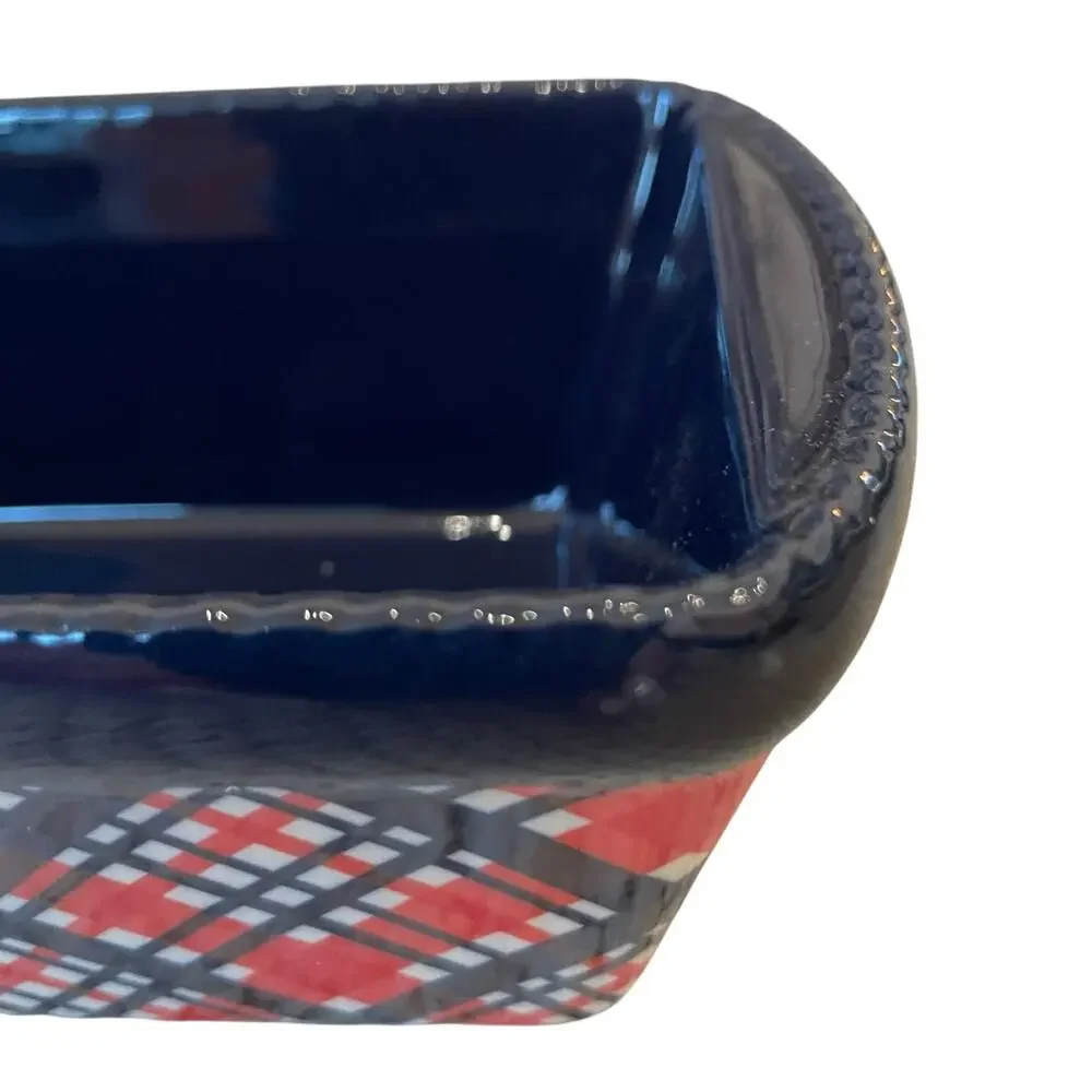 Temptations by Tara Mini Ceramic Loaf Pan w/ Lid 12oz Holiday Plaid Bakeware NEW